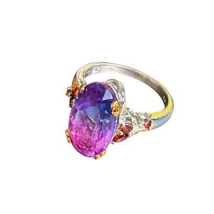 Rhodolite Garnet Silver Ring Gold Plated Accents Size 11 Oval Cut Elegant Design